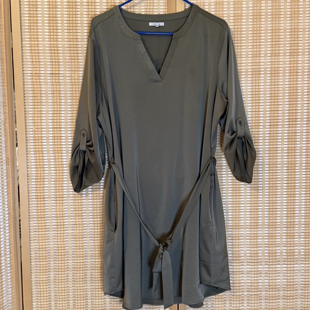 Maurices Womens 2X Dress Shift V Neck Army Green Silky Office Career Party